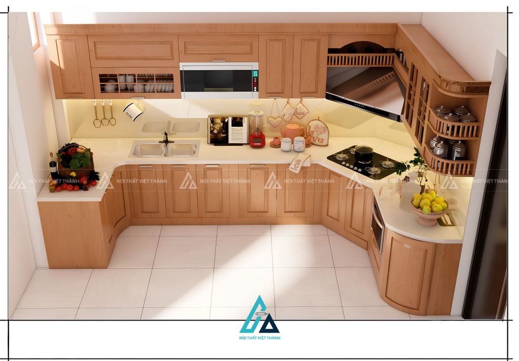 Mẫu tủ bếp gỗ tự nhiên tinh tế phối vách kính bếp màu kem nhã nhặn 1