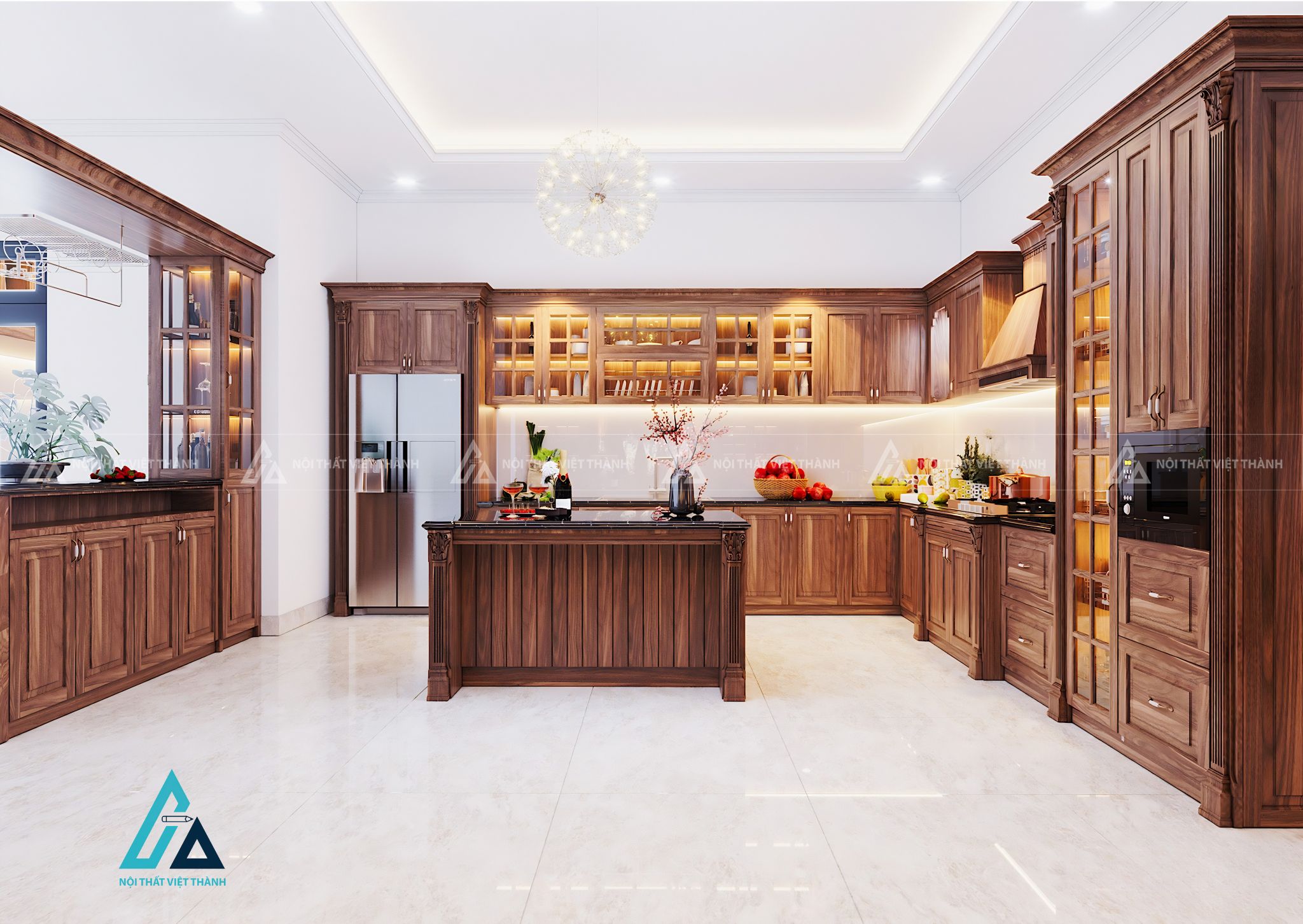 Tủ bếp gỗ tự nhiên phối bàn đảo sang trọng cho phòng bếp