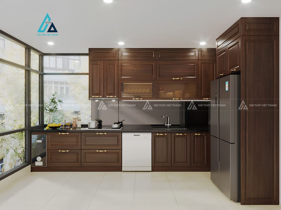 Tủ bếp gỗ tự nhiên thiết kế chữ L hiện đại tối ưu diện tích bếp