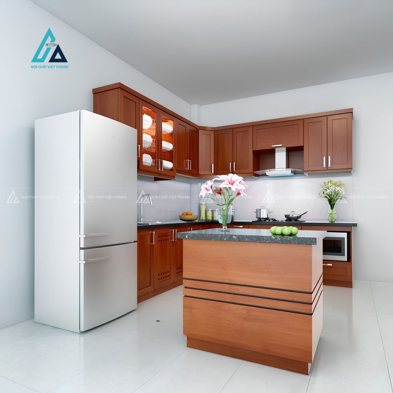 Mẫu tủ bếp bằng gỗ tự nhiên thiết kế ấm cúng kèm bàn đảo nhỏ 2