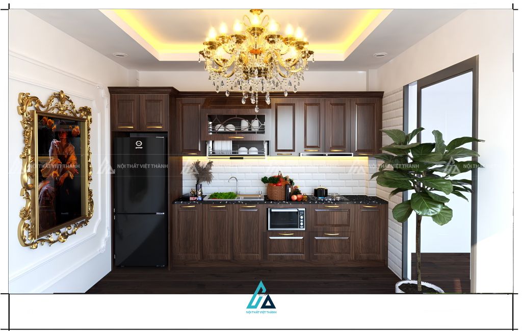 Mẫu tủ bếp gỗ tự nhiên tích hợp lò vi sóng âm tủ tiện lợi