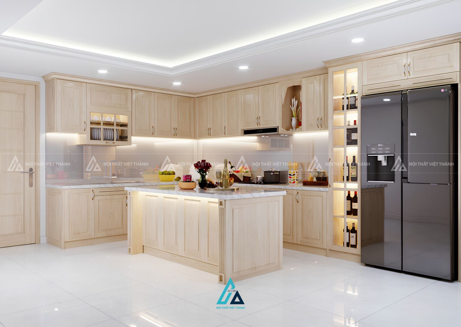 Tủ bếp gỗ tự nhiên phối mặt đá trắng sang trọng cho phòng bếp 1