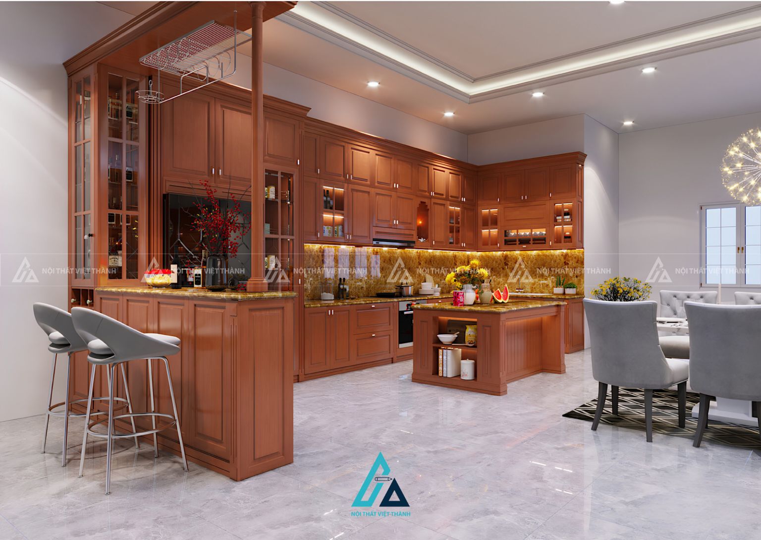 Mẫu tủ bếp gỗ tự nhiên đầy đủ công năng với hệ lưu trữ thông minh 1