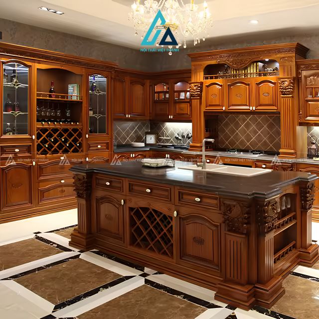 Tủ bếp gỗ tự nhiên tân cổ điển với hệ bàn đảo mặt đá sang trọng