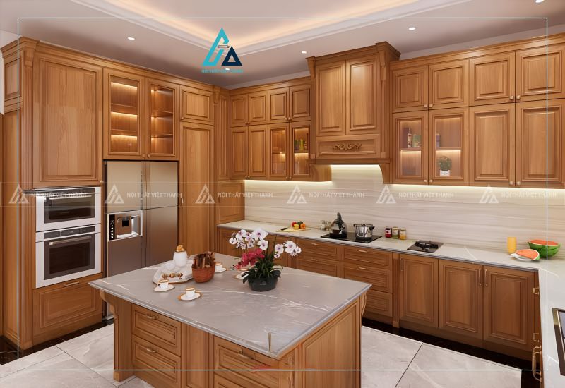 Tủ bếp gỗ tự nhiên phối bàn đảo sang trọng cho phòng bếp