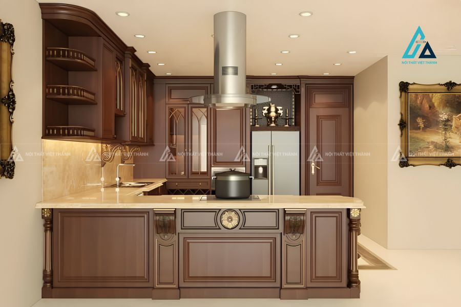 Hệ tủ bếp gỗ tự nhiên sang trọng có ô chứa tủ lạnh âm tường lớn 2