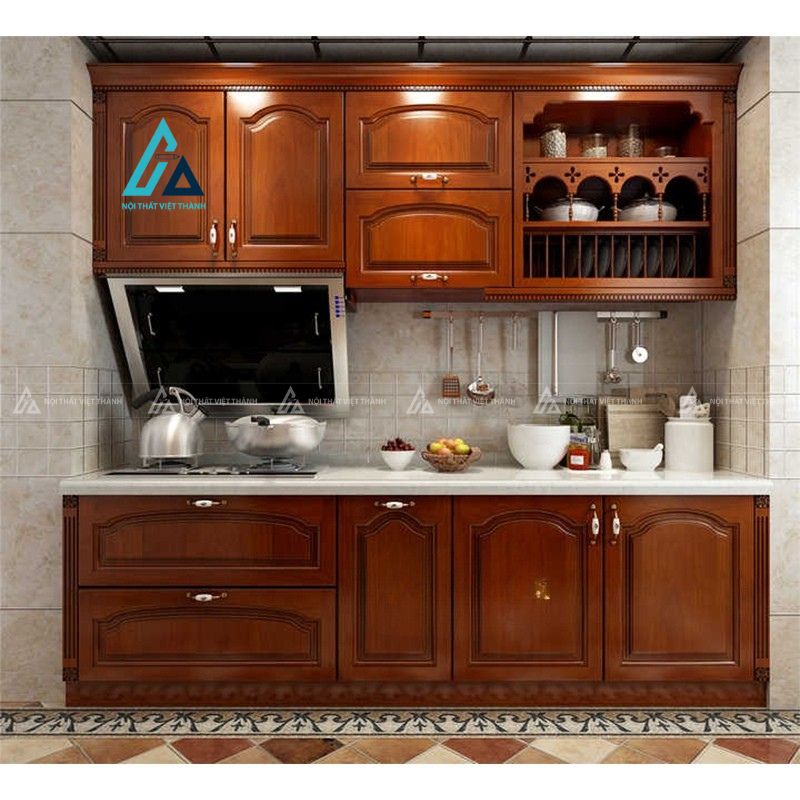 Tủ bếp gỗ tự nhiên màu cánh gián ấm cúng cho không gian bếp