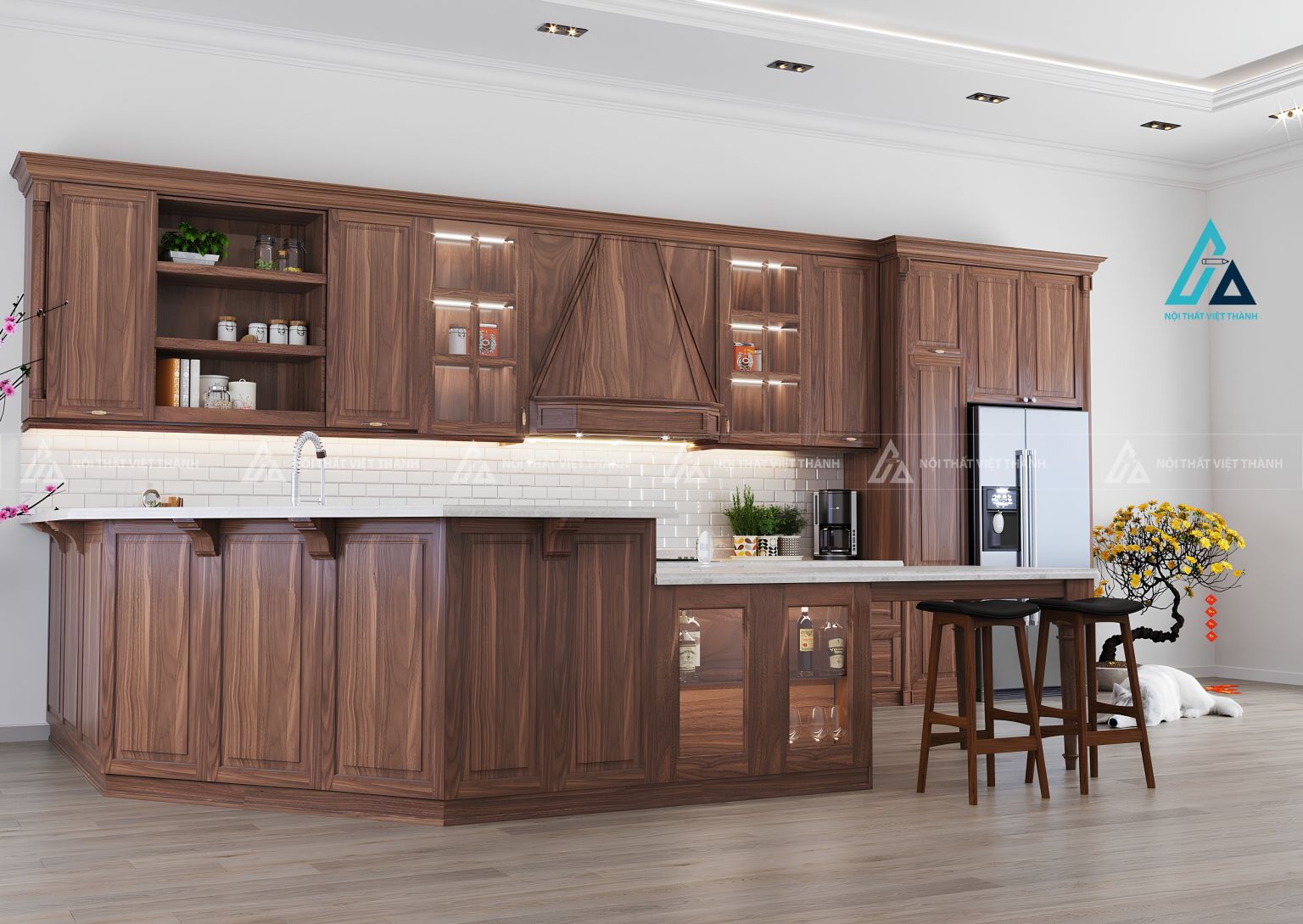 Bộ tủ bếp gỗ tự nhiên đẳng cấp tích hợp không gian quầy bar 2