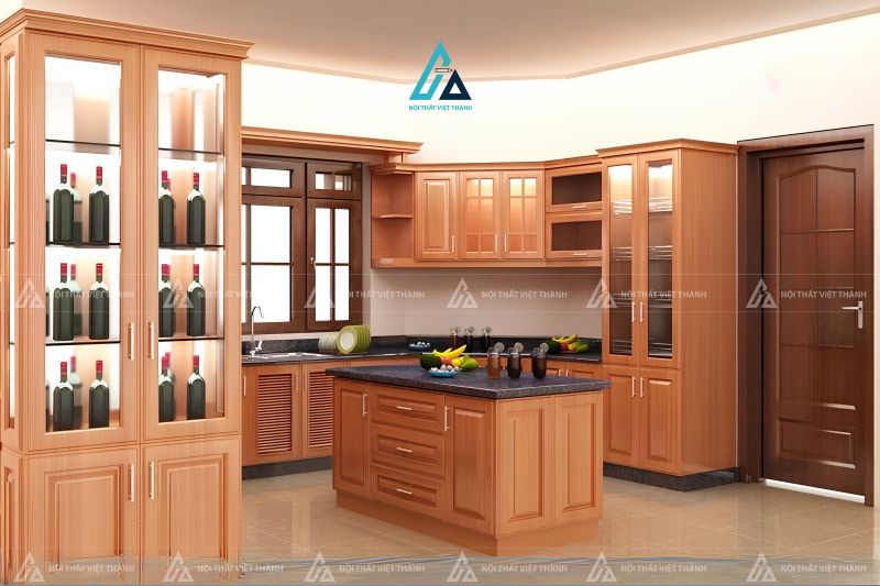 Mẫu tủ bếp gỗ gõ đỏ tự nhiên dáng chữ U bề thế và sang trọng 2