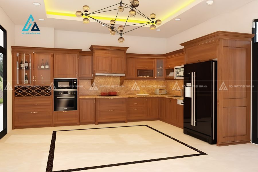 Tủ bếp gỗ tự nhiên tân cổ điển trang bị giá bát nâng hạ thông minh 2