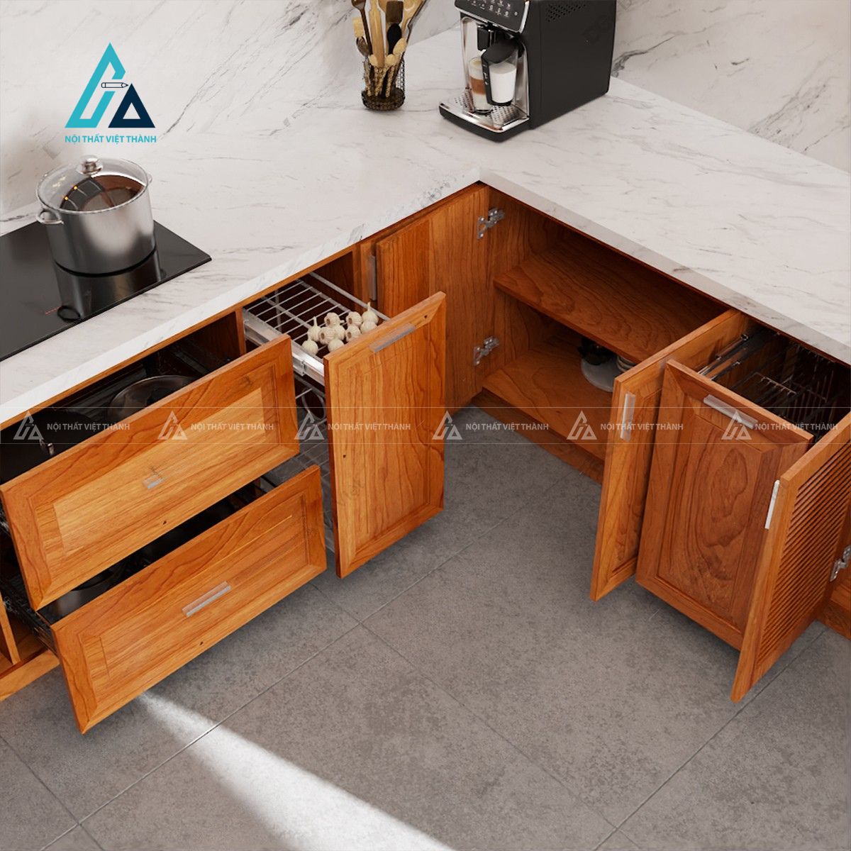 Tủ bếp gỗ tự nhiên chữ L tích hợp khoang lò nướng hiện đại 3