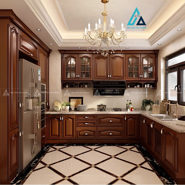 Tủ bếp gỗ tự nhiên tân cổ điển sang trọng cho căn bếp hiện đại