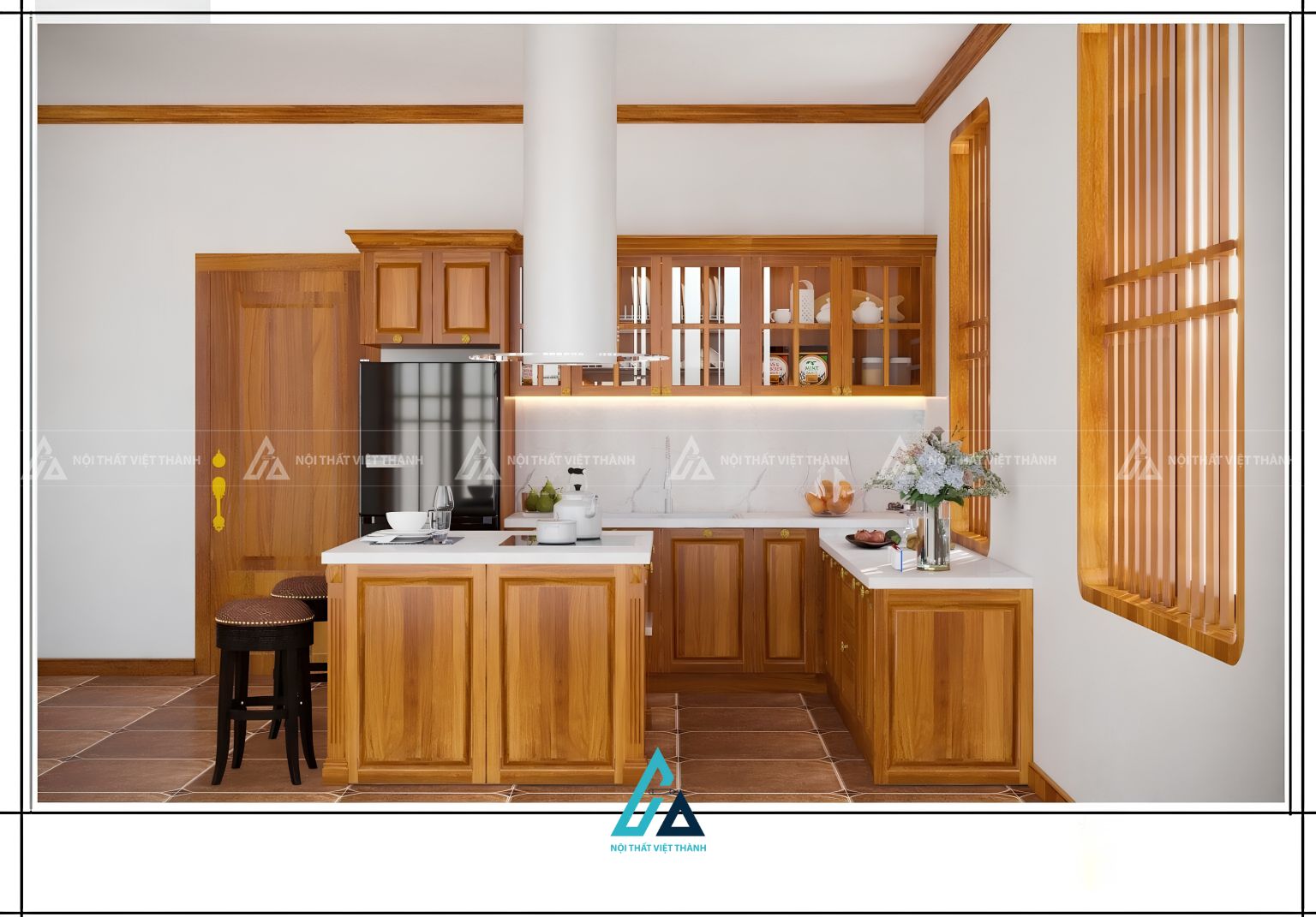 Mẫu tủ bếp gỗ gõ đỏ tự nhiên ấm cúng kèm bàn đảo kết hợp bar