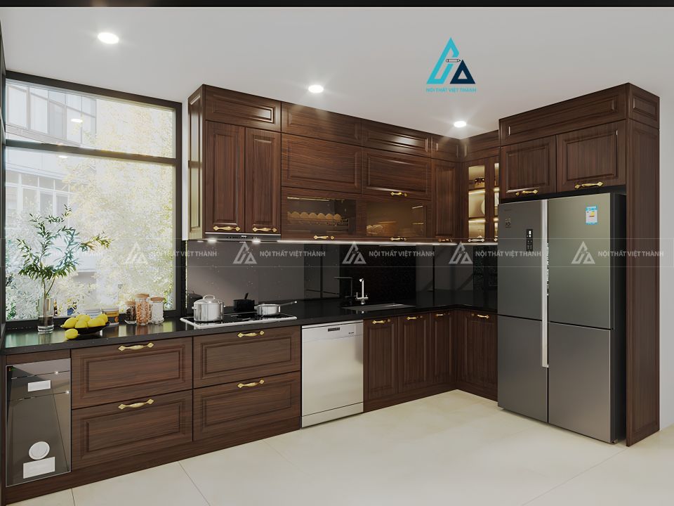 Tủ bếp gỗ tự nhiên thiết kế chữ L hiện đại tối ưu diện tích bếp 2