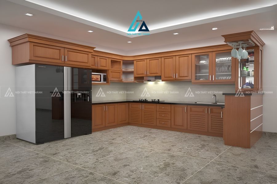 Hệ tủ bếp gỗ tự nhiên tích hợp ô chứa tủ lạnh kịch trần bề thế