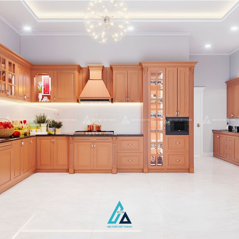 Tủ bếp gỗ tự nhiên tân cổ điển kịch trần tối ưu không gian lưu trữ 1