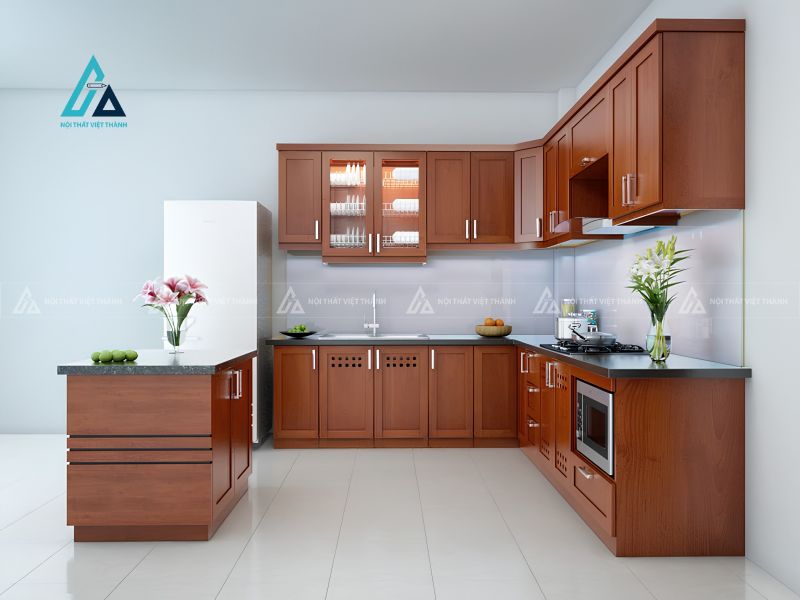 Mẫu tủ bếp bằng gỗ tự nhiên thiết kế ấm cúng kèm bàn đảo nhỏ