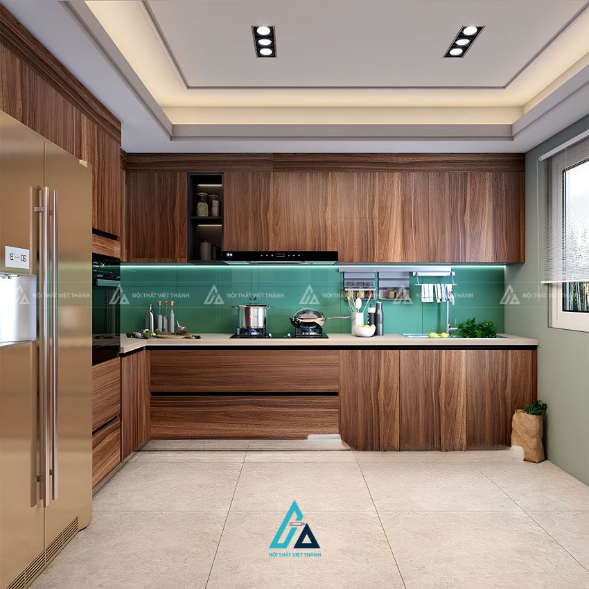 Mẫu tủ bếp bằng gỗ tự nhiên thiết kế khoang tủ dưới dạng mở độc đáo 2