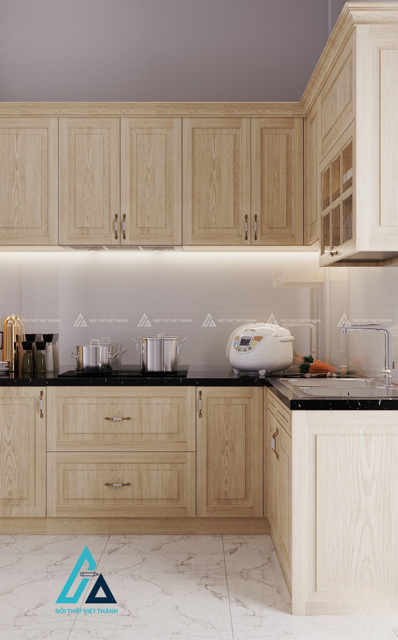 Tủ bếp gỗ tự nhiên màu sáng hiện đại kèm bàn ăn tiện nghi 2