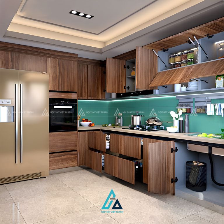 Mẫu tủ bếp bằng gỗ tự nhiên thiết kế khoang tủ dưới dạng mở độc đáo 3
