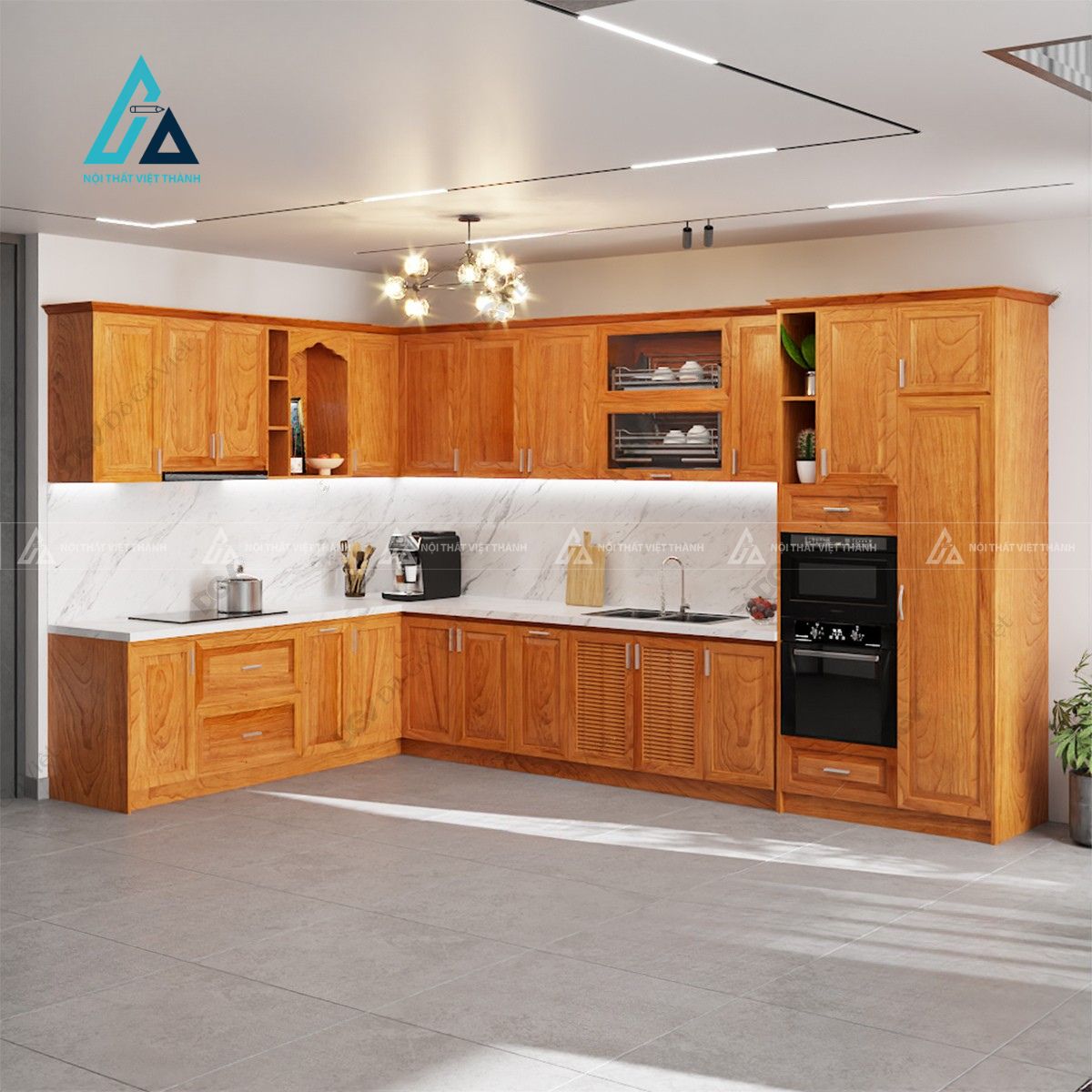 Tủ bếp gỗ tự nhiên chữ L tích hợp khoang lò nướng hiện đại