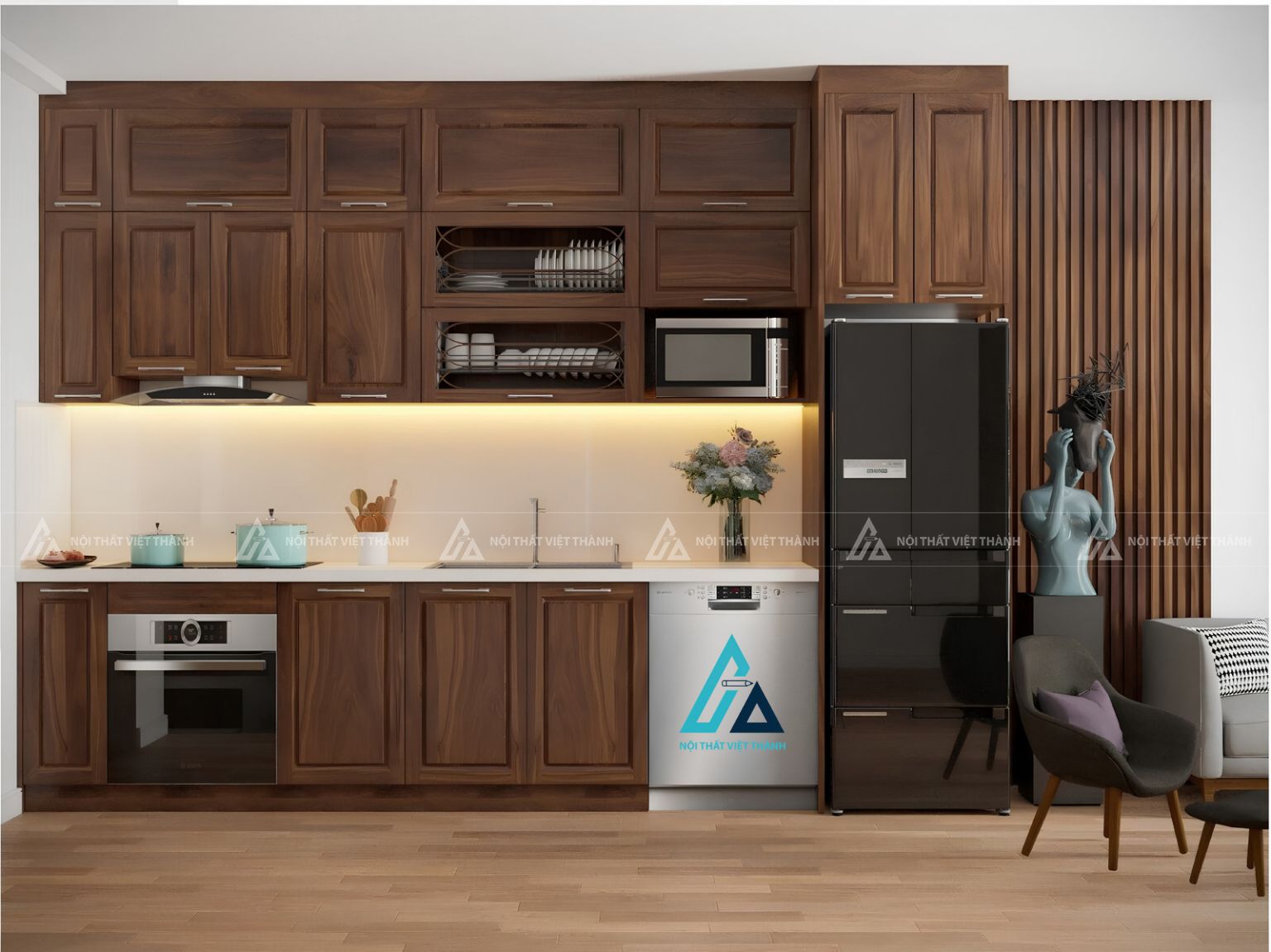 Tủ bếp gỗ tự nhiên tân cổ điển chữ I tích hợp lò nướng tiện nghi