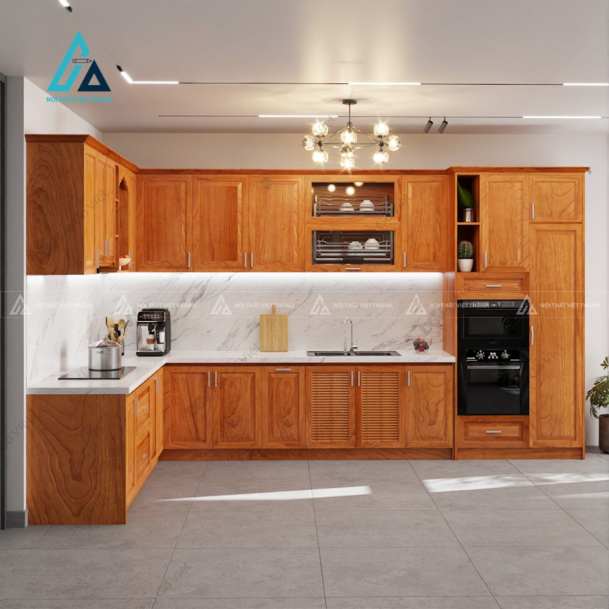 Tủ bếp gỗ tự nhiên chữ L tích hợp khoang lò nướng hiện đại 4