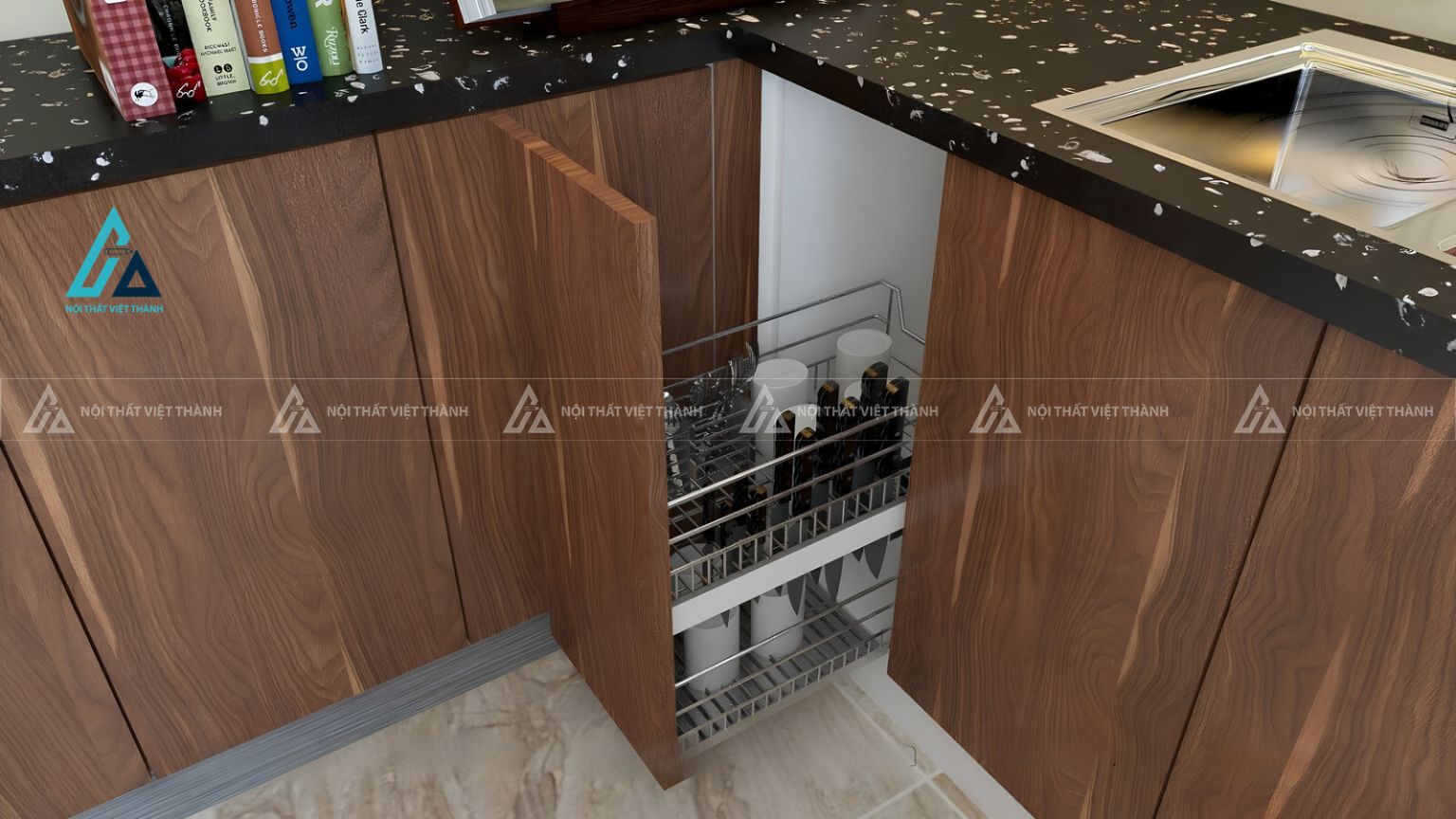 Tủ bếp gỗ tự nhiên tân cổ điển chữ I tích hợp lò nướng tiện nghi 4