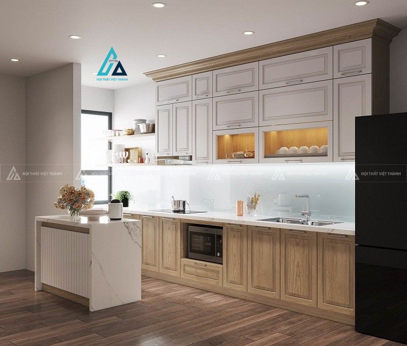 Tủ bếp gỗ tự nhiên phối hai màu trắng nâu hiện đại tinh tế 1