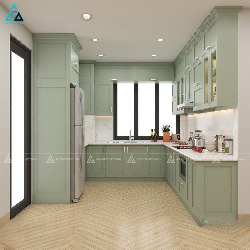 Thiết kế tủ bếp mdf xanh rêu hiện đại tối ưu công năng sử dụng 1