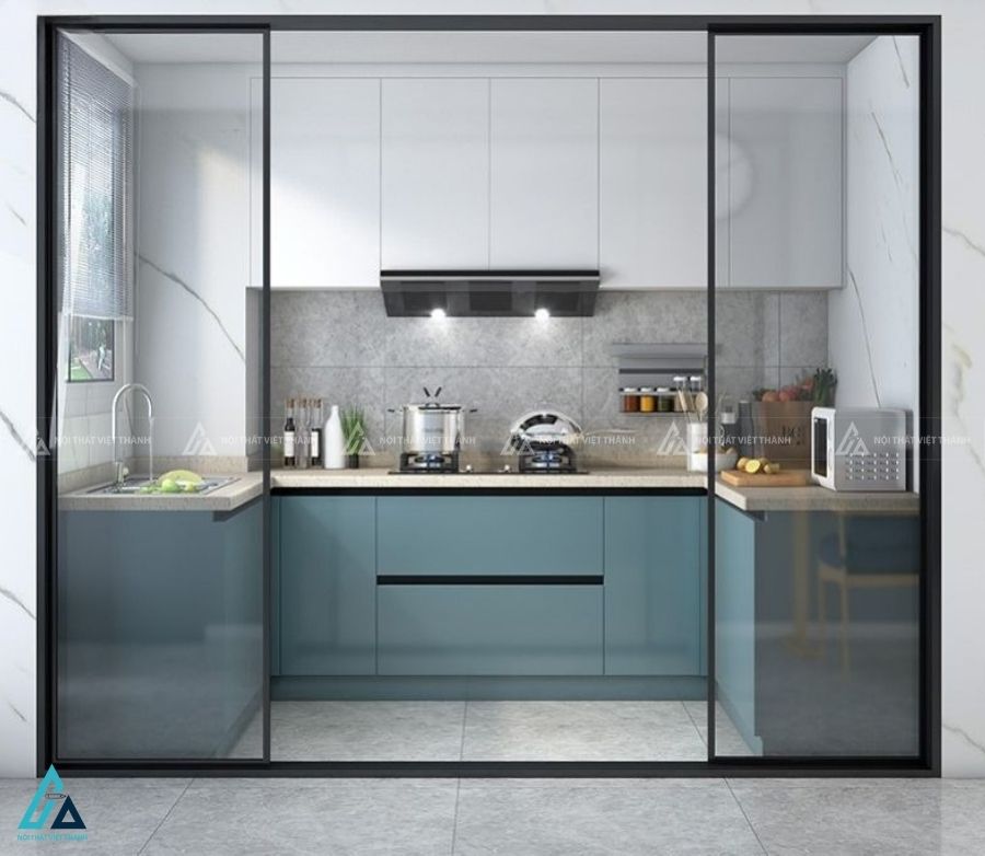 Tủ bếp gỗ mdf chữ U màu xanh hiện đại tối ưu không gian nhà bếp 1