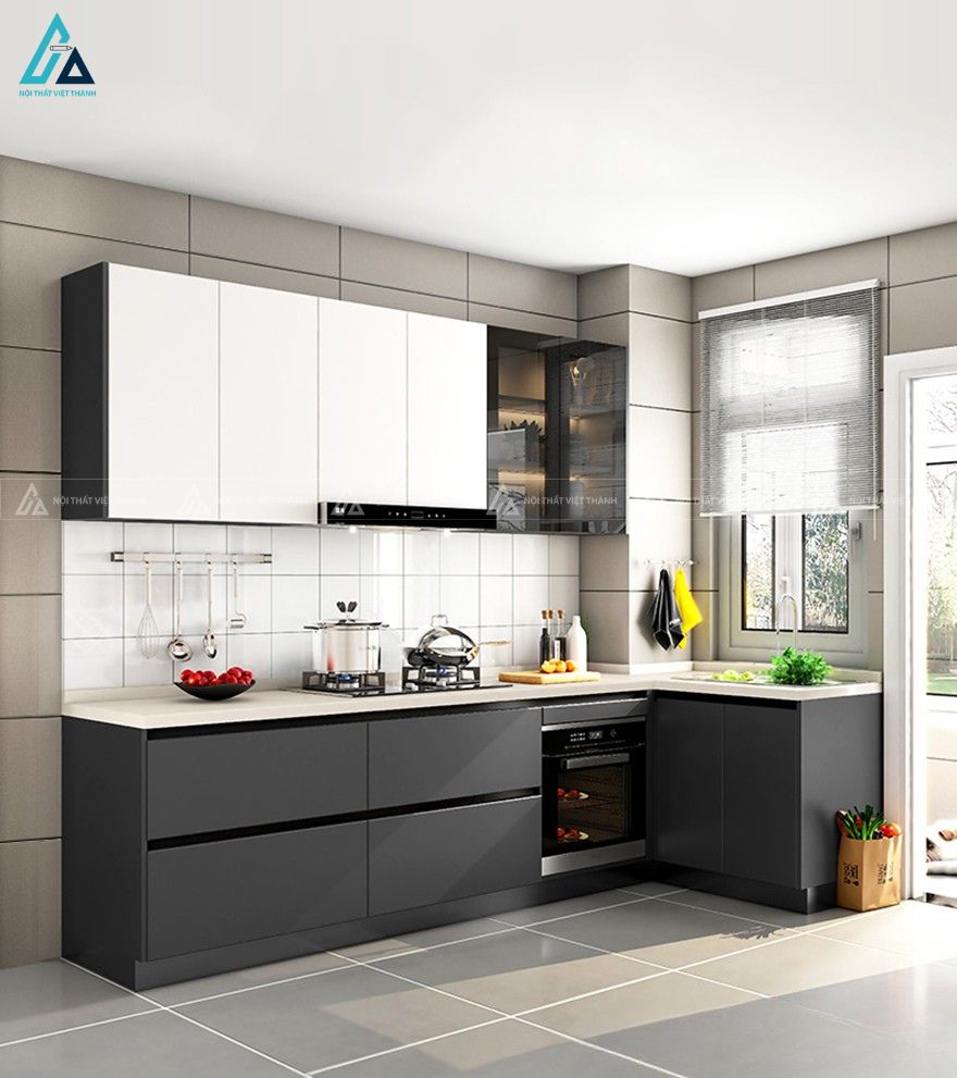Bộ tủ bếp mdf màu xám trắng thanh lịch và tối ưu tiện ích 1