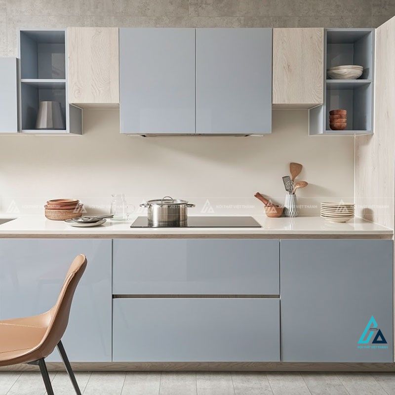 Tủ bếp mdf phối màu xanh nhạt thanh lịch nâng tầm không gian 1