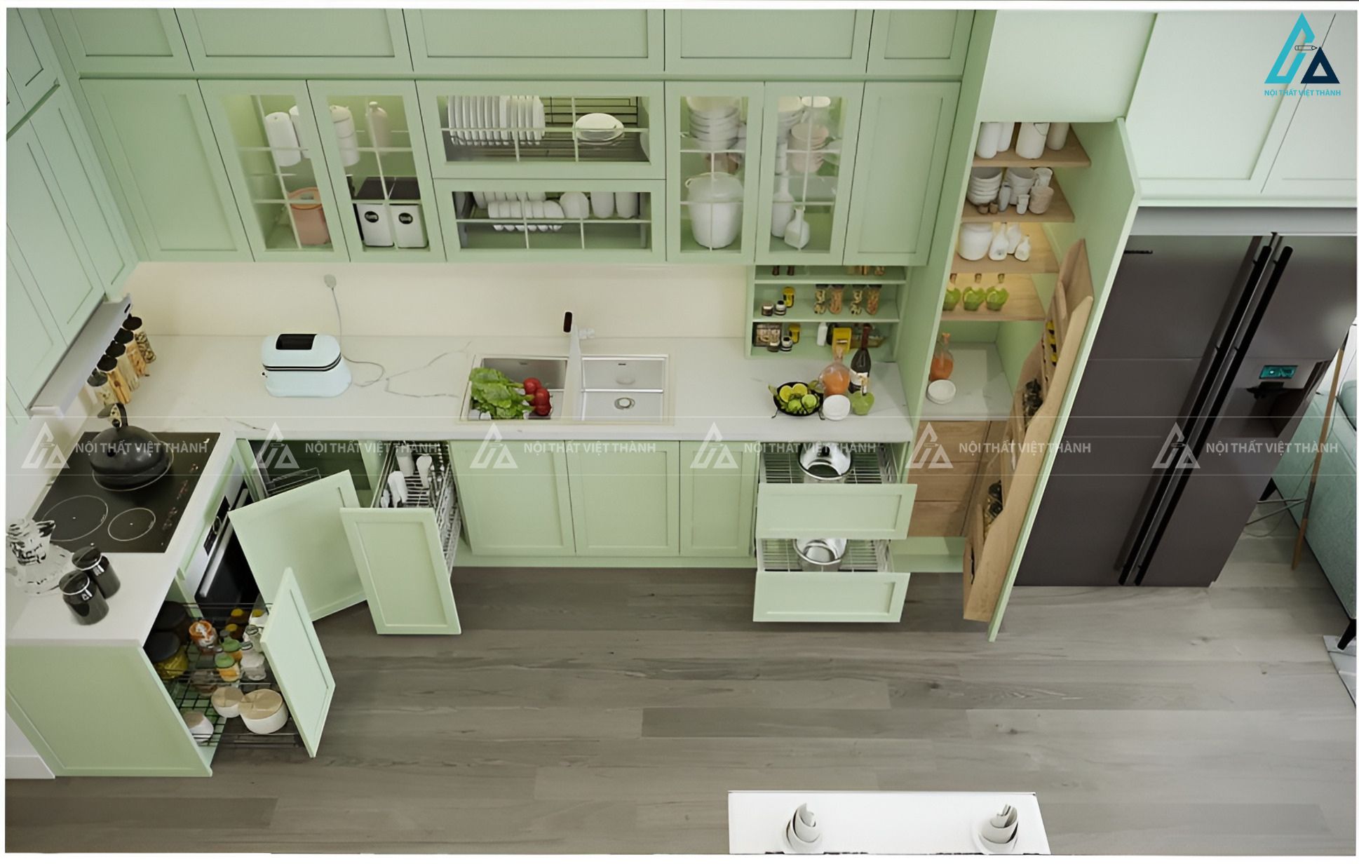 Mẫu tủ bếp mdf màu xanh bạc hà thiết kế cổ điển sang trọng 1