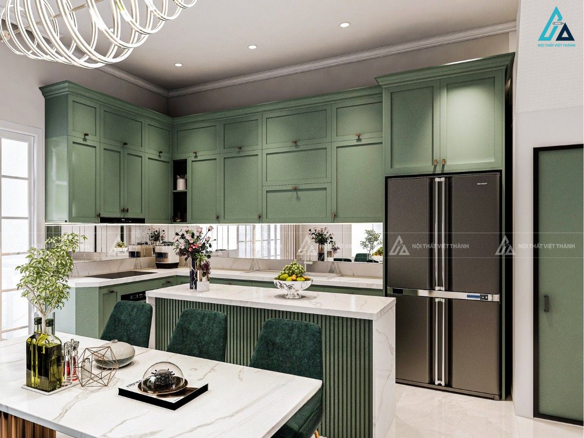 Tủ bếp mdf màu xanh rêu độc đáo kết hợp mặt bàn đá vân mây 1