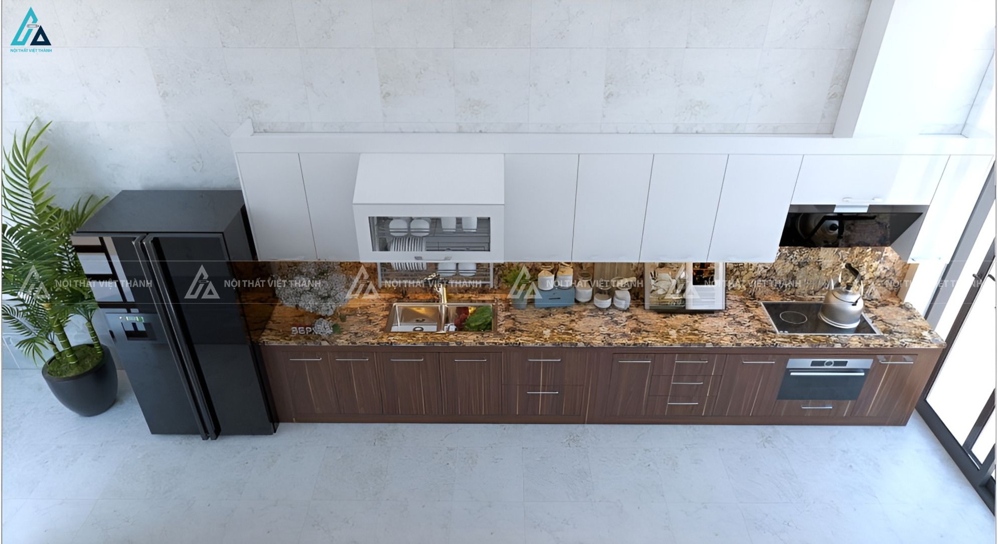 Tủ bếp mdf kịch trần phối vân gỗ trắng hiện đại và ngăn nắp 1