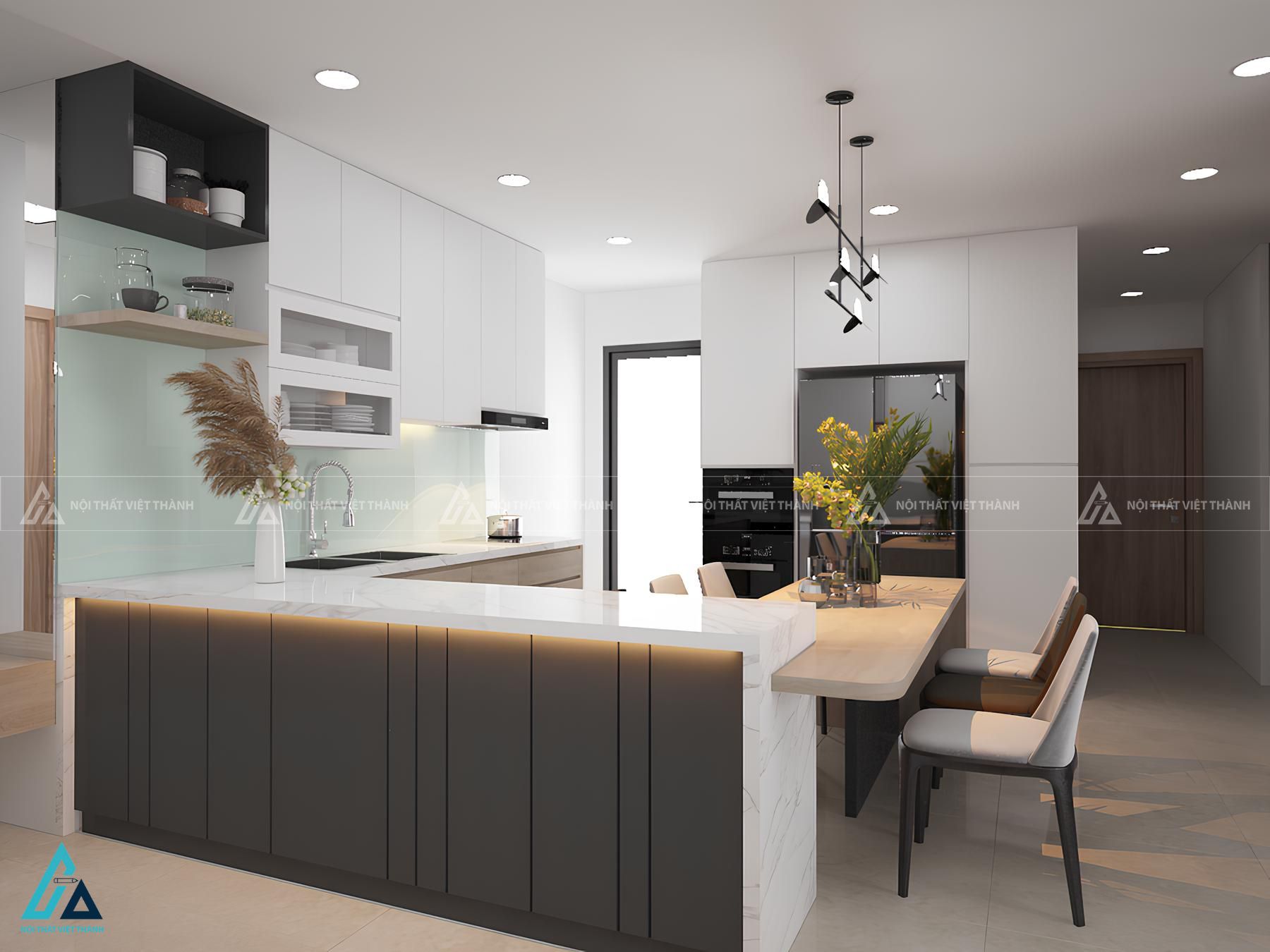 Tủ bếp mdf kết hợp bàn ăn hiện đại sang trọng cho căn hộ 1
