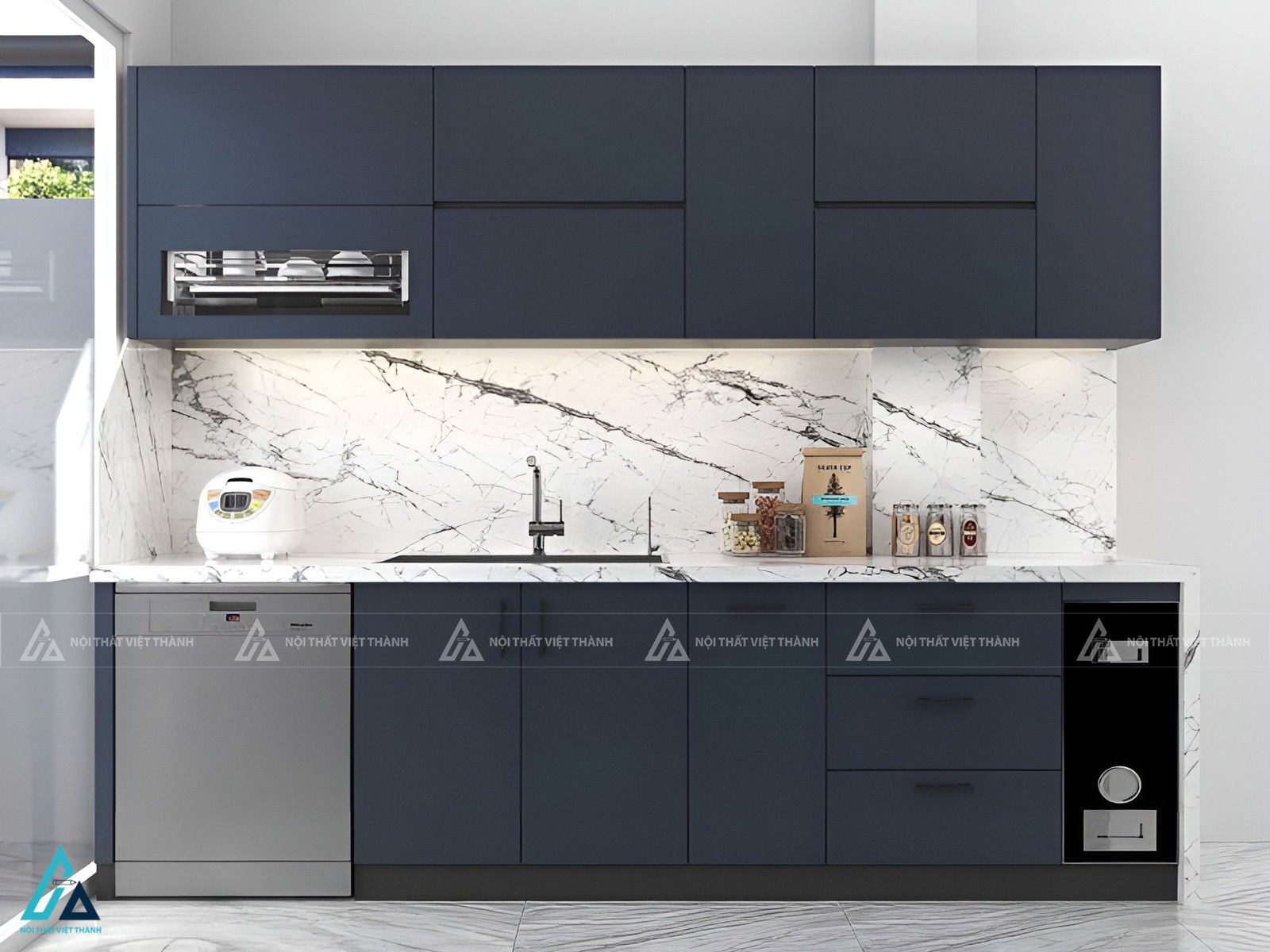 Tủ bếp mdf màu xanh đen sang trọng thiết kế hiện đại tối giản 1