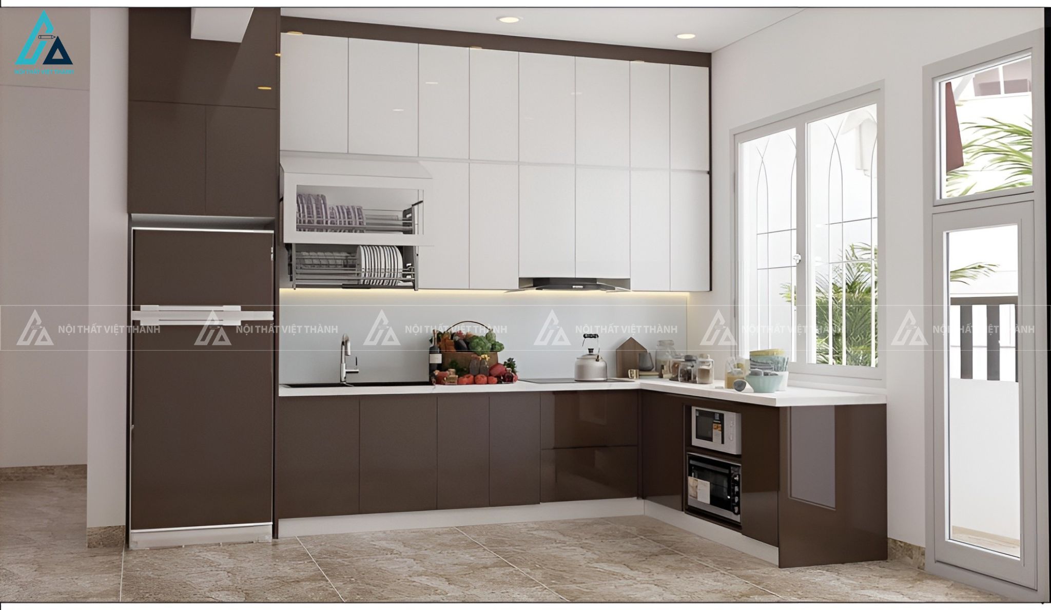 Bộ tủ bếp mdf chữ L màu nâu trắng tinh tế bền bỉ theo thời gian