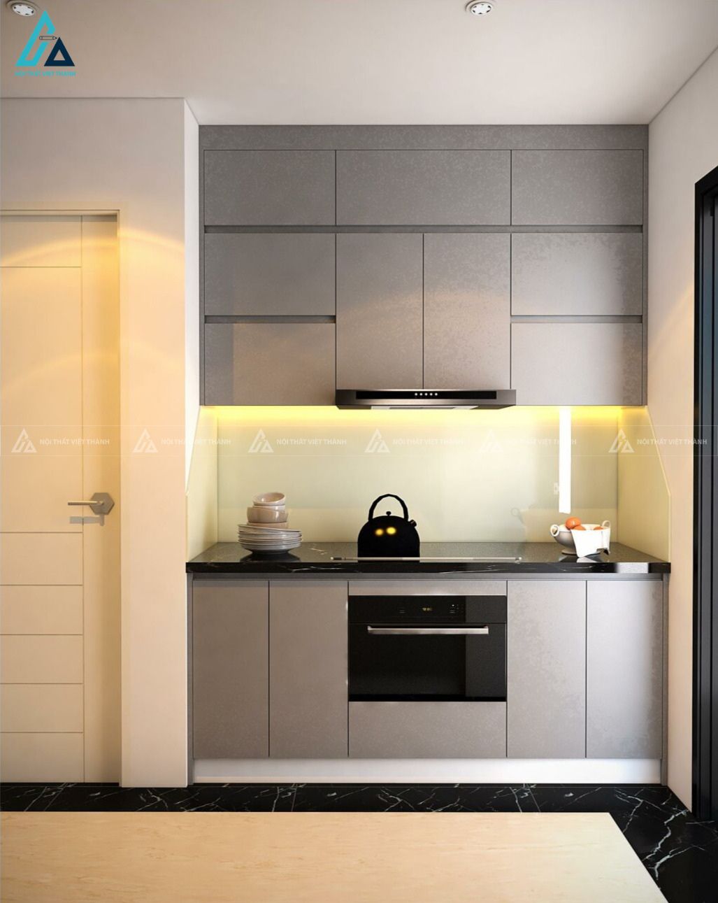 Mẫu tủ bếp mdf hiện đại phối mặt đá đẳng cấp cho căn hộ nhỏ 1