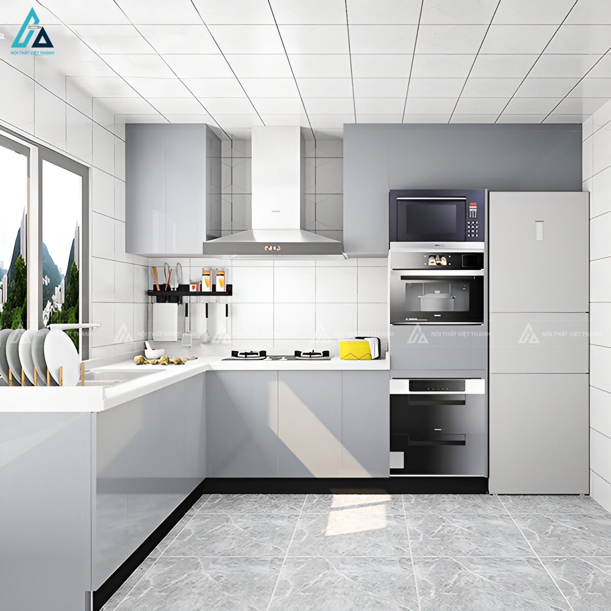 Tủ bếp mdf chữ L hiện đại với hệ tủ thiết bị tích hợp thông minh 1