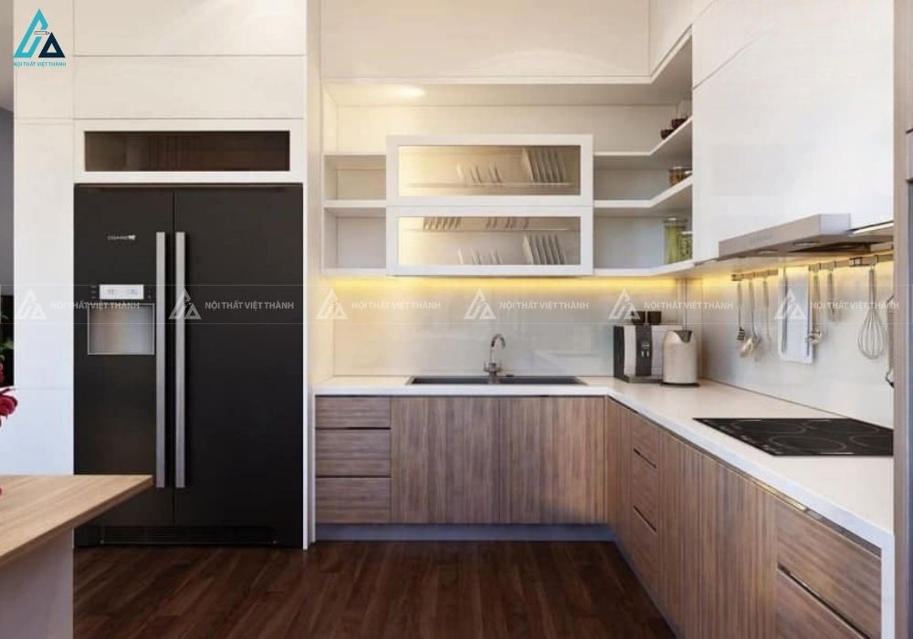 Mẫu tủ bếp gỗ mdf chữ L tích hợp đảo bếp đa năng tiện nghi 1