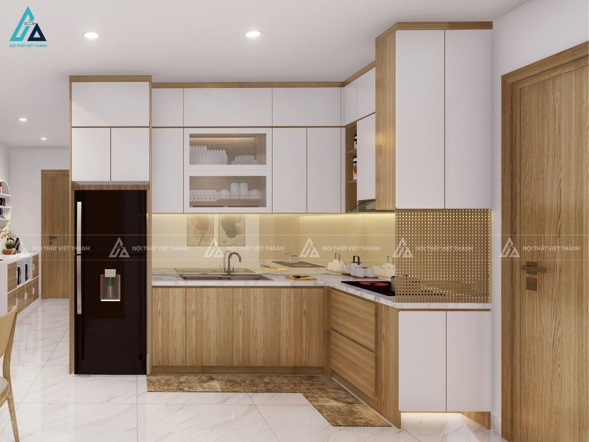 Mẫu tủ bếp mdf vân gỗ phối trắng thời thượng và đầy đủ công năng 1