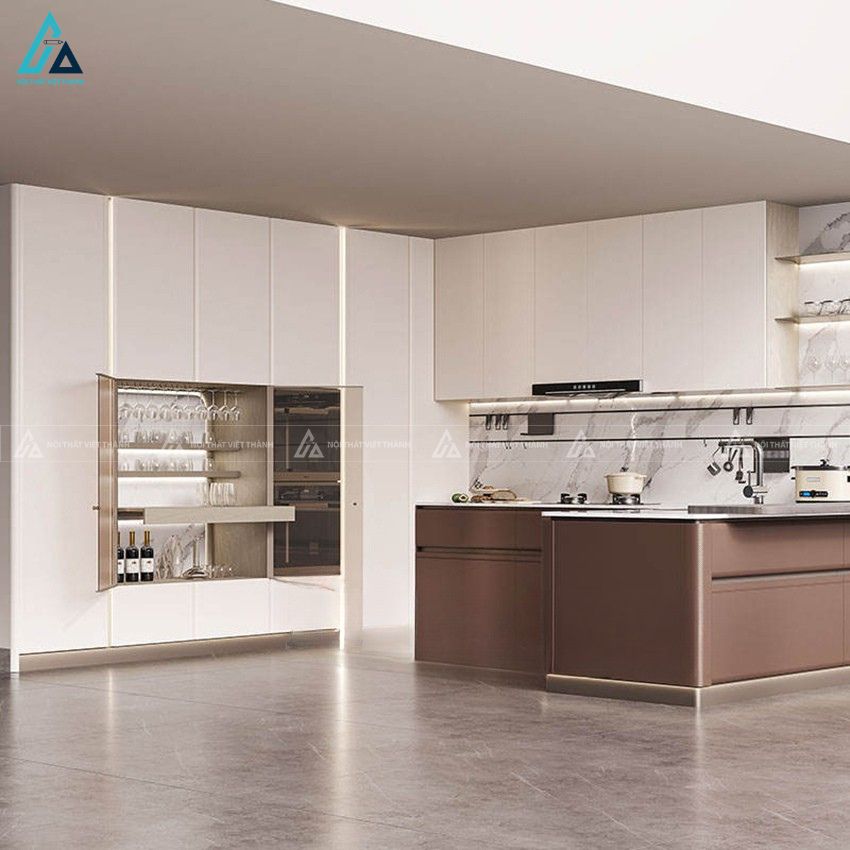 Tủ bếp mdf màu nâu trắng tinh tế nâng tầm vẻ đẹp phòng bếp nhà 1