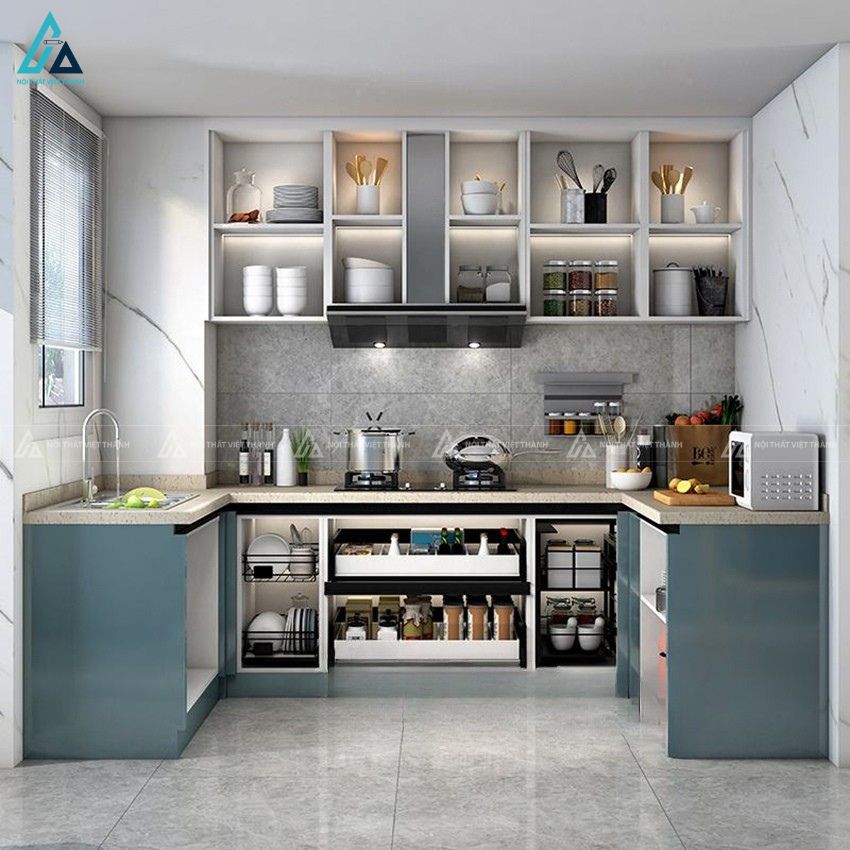 Tủ bếp mdf chữ U hiện đại phối màu xanh trắng sang trọng 1