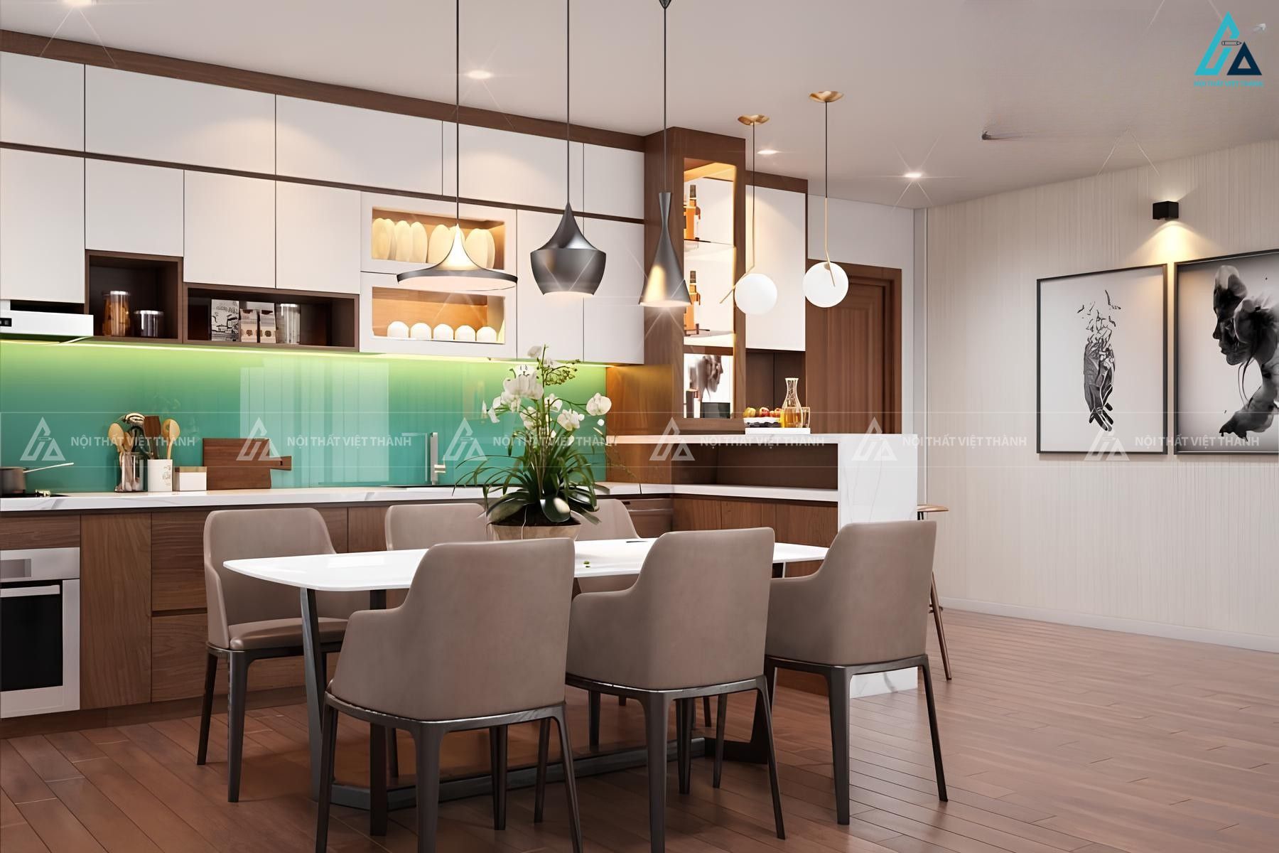 Thiết kế tủ bếp gỗ mdf kết hợp hệ tủ rượu sang trọng tiện nghi 1
