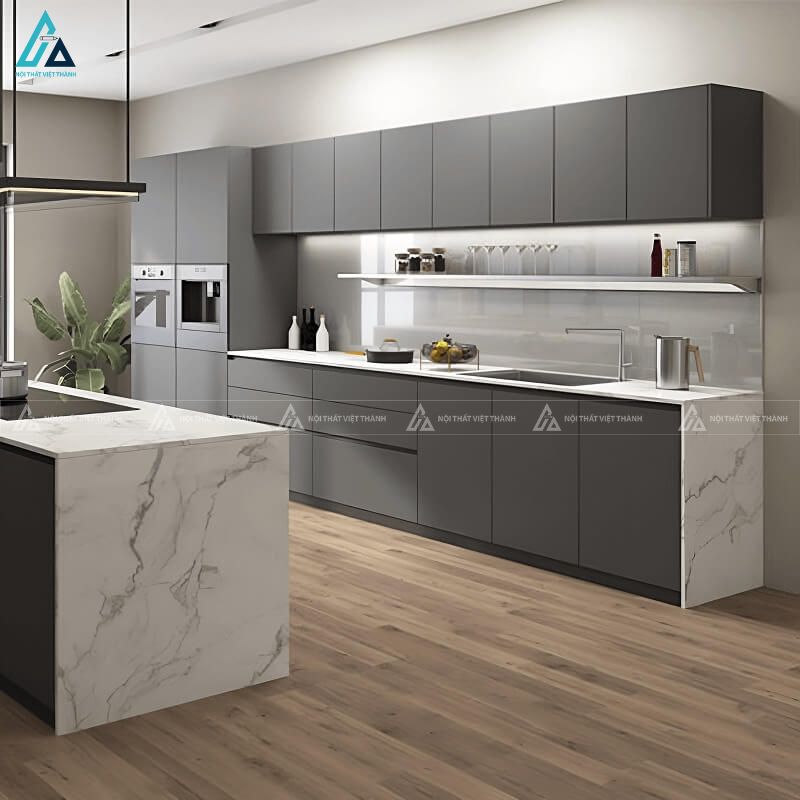 Bộ tủ bếp mdf kịch trần màu xám thời thượng tối ưu diện tích 1