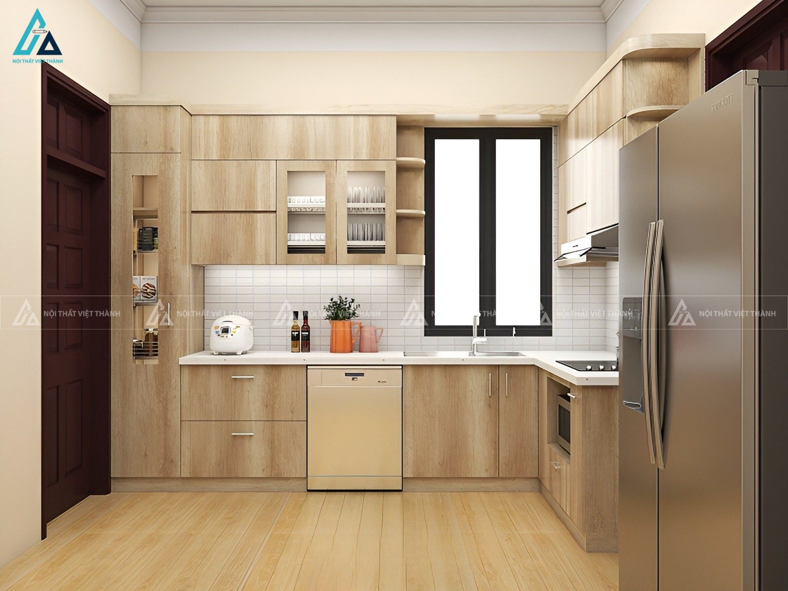 Mẫu tủ bếp mdf vân gỗ ấm áp tích hợp máy rửa bát tiện nghi