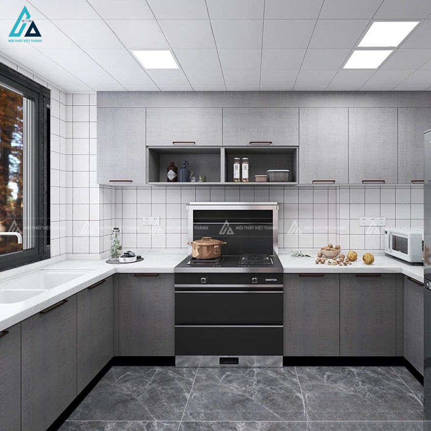 Tủ bếp mdf hiện đại tông xám sang trọng cho căn bếp nhỏ 1