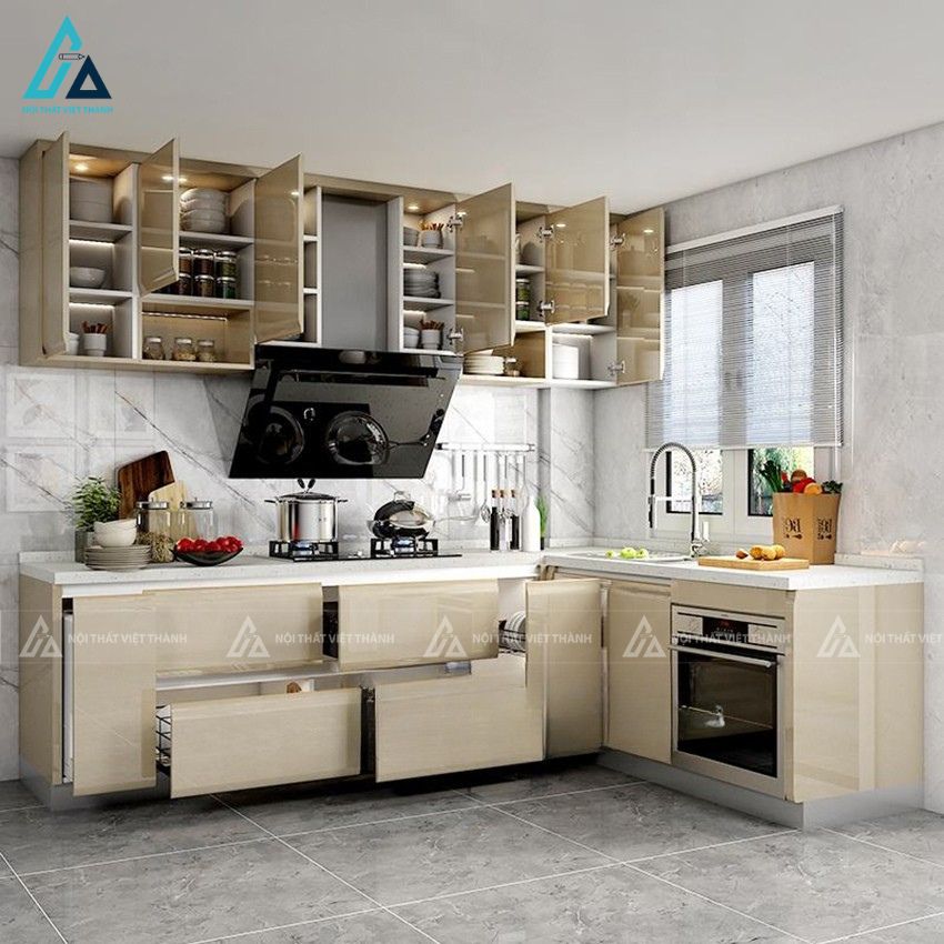 Mẫu tủ bếp mdf chữ L sang trọng tối ưu công năng sử dụng 1
